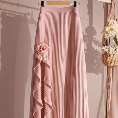 Spring Autumn Winter Elegant Irregular Pleated Skirt for Women Elastic A-line High Waist Midi Skirt White Black Flower Skirts