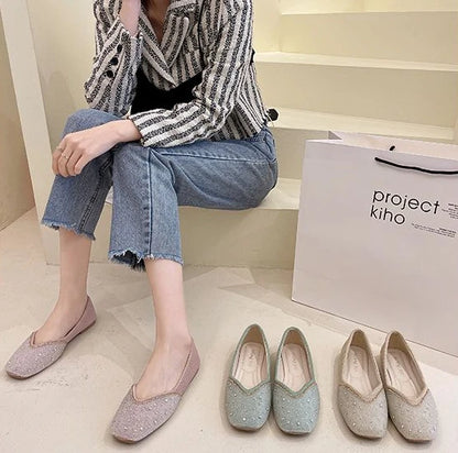 Shoes for Woman 2025 Diamond Flats Women's Summer Footwear Flat Square Toe Pink with Crystals Rhinestone Office 39 Beau Today E