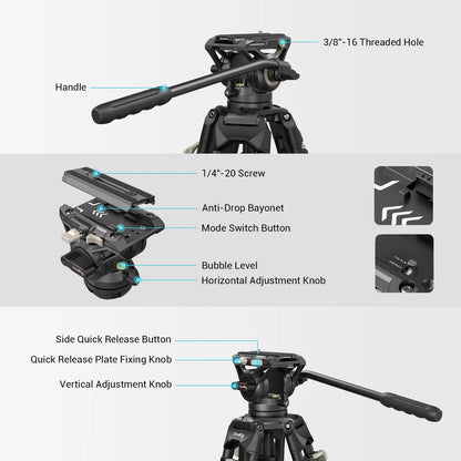 SmallRig Heavy-Duty 360° Fluid Head Tripod AD-01 186cm Video Tripod with Quick Release Plate for DSLR Camera Camcorder