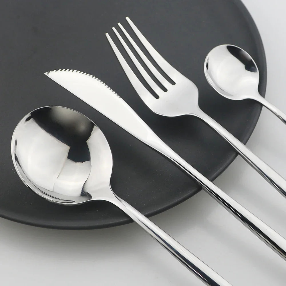24Pcs Stainless Steel Cutlery Set Black Handle Golden Dinnerware Knife Fork Spoon Kitchen Tableware Gift Set