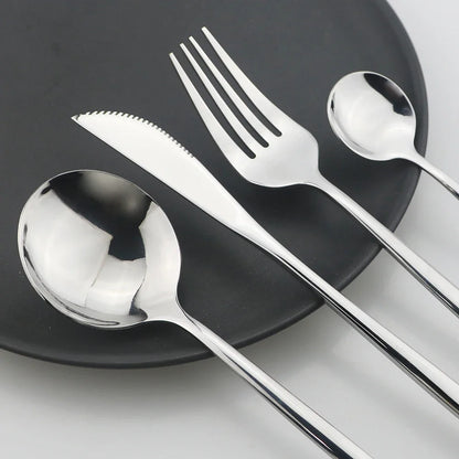 24Pcs Stainless Steel Cutlery Set Black Handle Golden Dinnerware Knife Fork Spoon Kitchen Tableware Gift Set