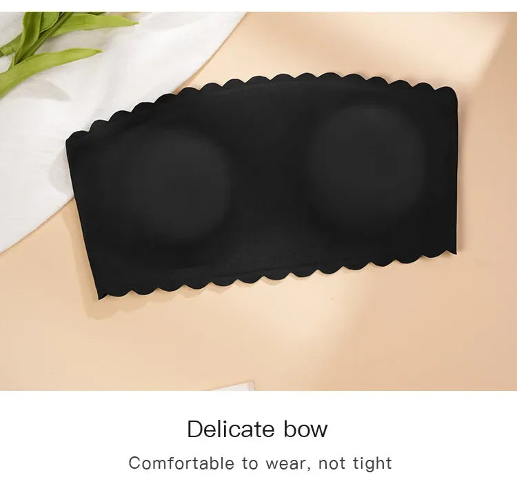 Hot Sale New Design Effective Slip-proof Scallop Side One Piece Bralette Padded Ice Silk Seamless Strapless Bra For Women
