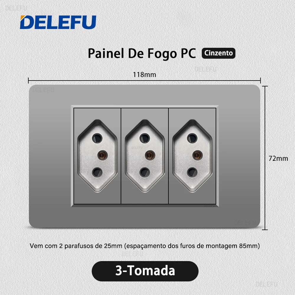 DELEFU Grey PC Panel Brazil Standard Wall Power Socket Double USB Type C Outlet Light Switch Home Office Electrical Plug 10A 20A