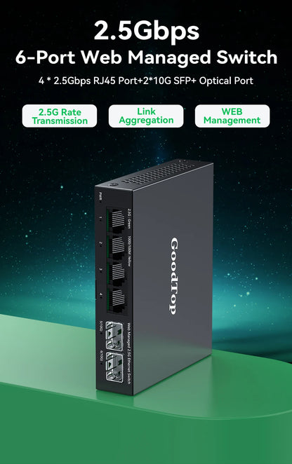GoodTop 2.5GbE Managed Switch 6 Port 2.5GBASE-T Network Switcher 10G SFP+ Slot Uplink Web Managed Hub Internet Splitter Fanless