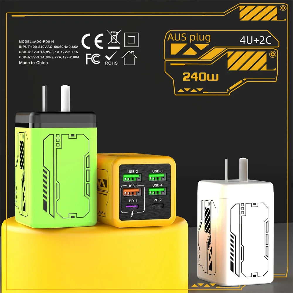 240W 6 in 1 USB C Charger Fast Charging PD3.0 QC3.0 Mobile Phone Travel Wall Adapter for iPhone17 Samsung Xiaomi Huawei EU UK US