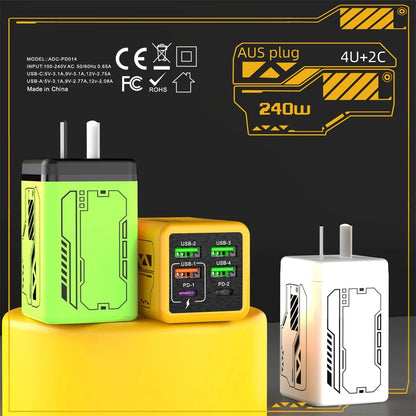 240W 6 in 1 USB C Charger Fast Charging PD3.0 QC3.0 Mobile Phone Travel Wall Adapter for iPhone17 Samsung Xiaomi Huawei EU UK US