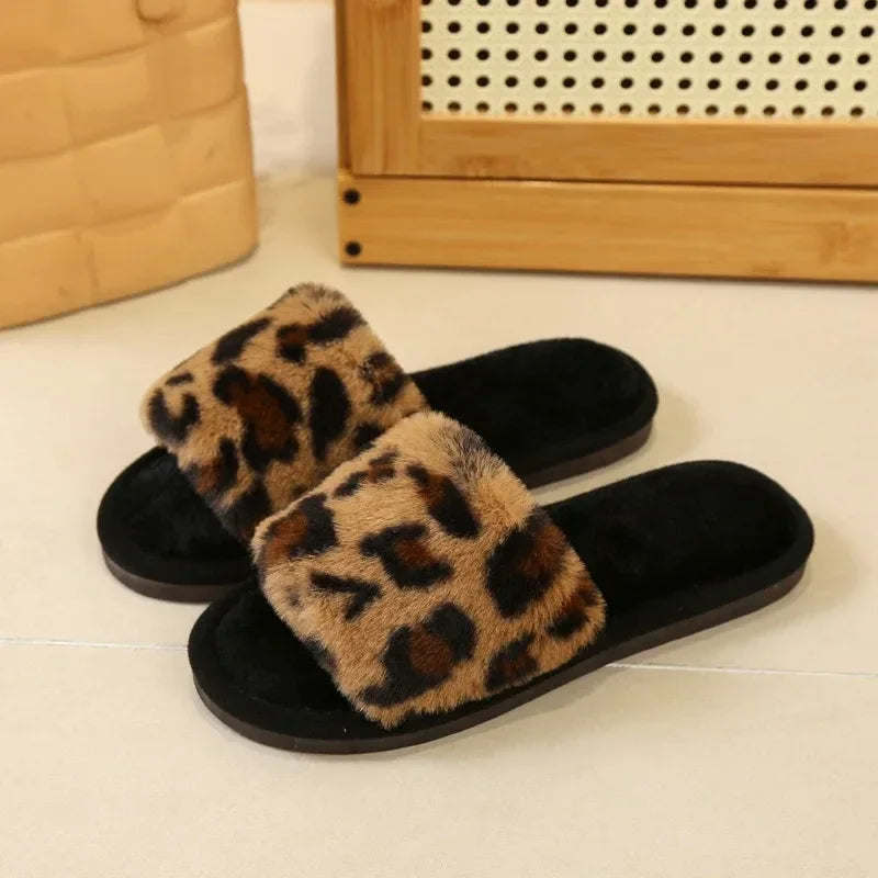 Autumn Winter Leopard Print Slippers Women's Fashion Plush Fur Slides Home Flip Flops Indoor Warm EVA Anti Slip Living Room Shoe