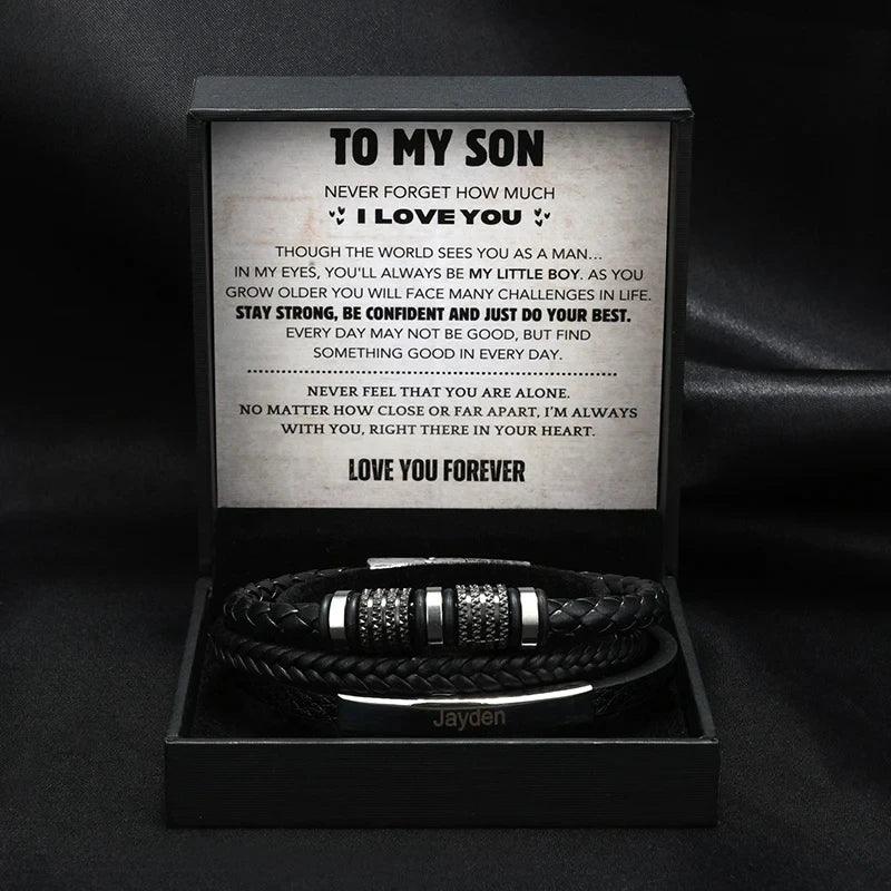 Custom Name To My Son Fashionable Titanium Steel CreativeLeather Woven BraceletWith Gift Box For Son  Birthday Christmas Gift
