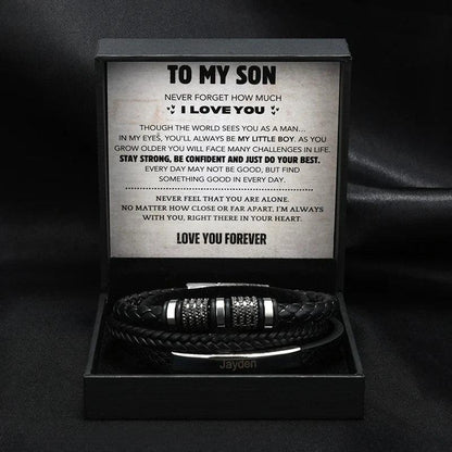 Custom Name To My Son Fashionable Titanium Steel CreativeLeather Woven BraceletWith Gift Box For Son  Birthday Christmas Gift
