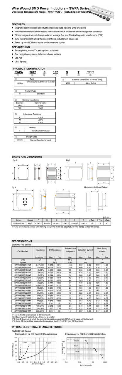 50PCS 4*4*1.8mm 1uH 2.2uH 3.3uH 4.7uH 6.8uH 10uH 15uH 22uH 33uH 47uH 68uH 100uH 2R2 4R7 470 101 221 SMD 4018 Power Inductors IC