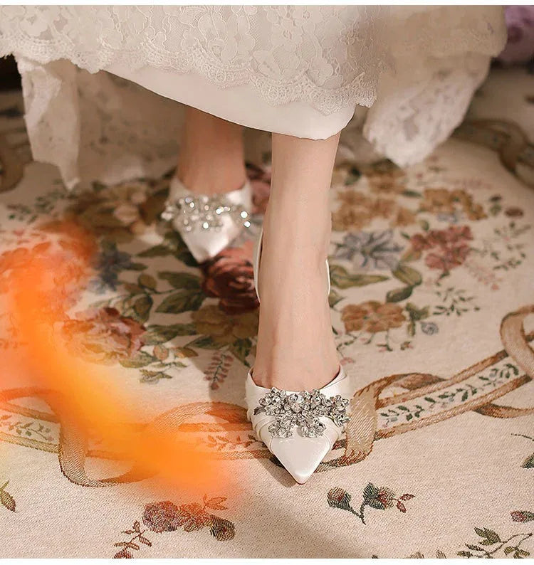 2025 Autumn New White French High Heels Pointy Rhine-Diamond Thin Heel Not Tired Foot Single Shoes Wedding Shoes