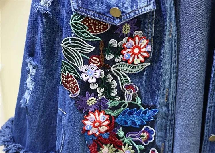Spring Autumn Loose Vintage Flower Embroidered Denim Jacket Women Single-breasted Casual Raw Fringe Hole Jeans Jackets Female