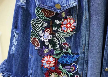 Spring Autumn Loose Vintage Flower Embroidered Denim Jacket Women Single-breasted Casual Raw Fringe Hole Jeans Jackets Female