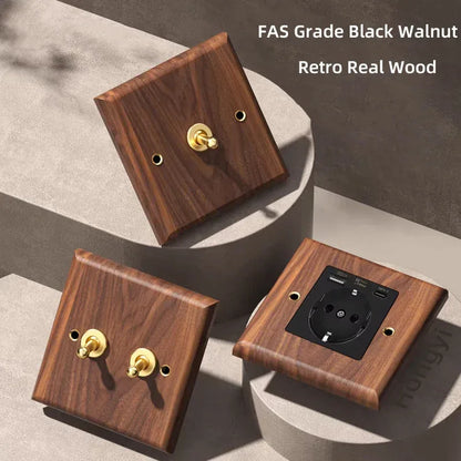 Black walnut retro European retro wall lamp switch socket, solid wood brass toggle switch board 1-4Gang 2Way antique home switch
