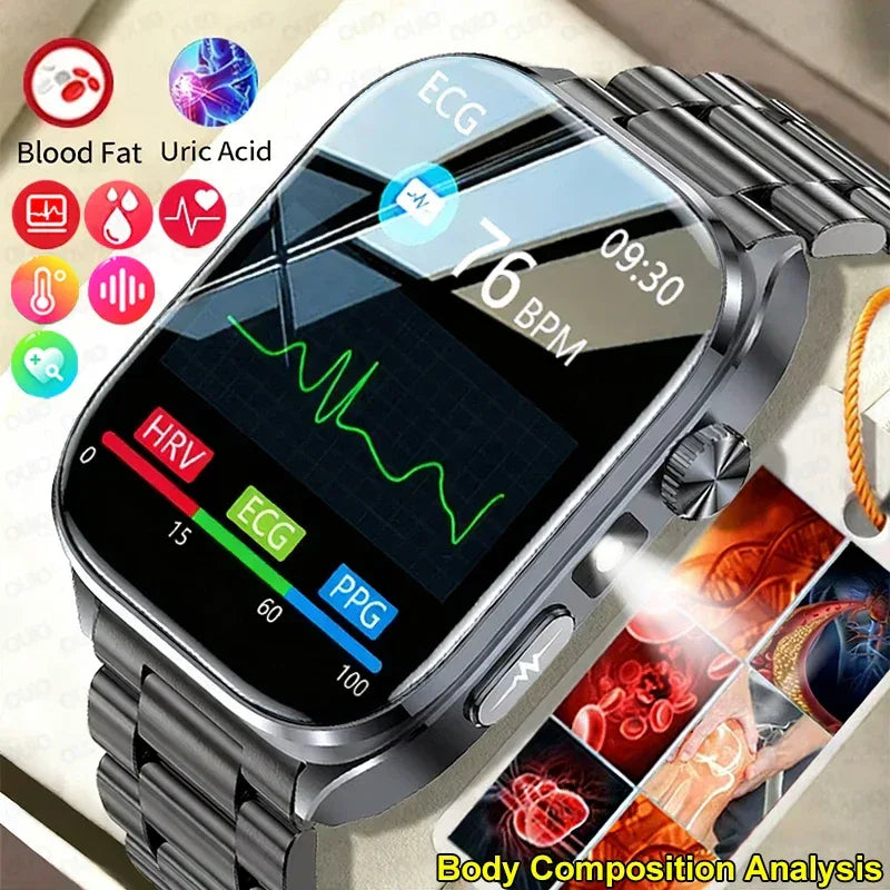New Uric Acid Blood Lipids AI-GPT ECG Smartwatch Micro Physical Examination Body Analysis Men BT Call LED Flashlight Smartwatch