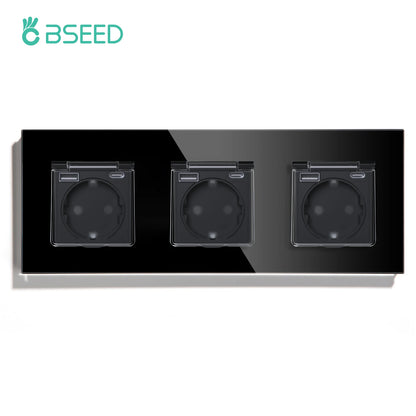 BSEED Single EU Wall Socket USB Type-c Ports Double Waterproof Cover Bathroom Power Sockets Triple Glass Electric Outlets 16A