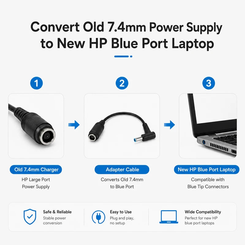 7.4x5.0mm to 4.5x3.0mm Tip DC Power Adapter Charger Connector for HP Laptop Stream Spectre Pavilion Envy Elitebook Split Chrome