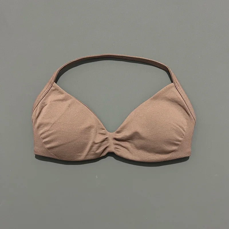 HISTELLO Strappy Bra Gym Top Women High Support Thin Strap Halter Sports Seamless Bras Scrunch Push-up Workout Yoga Tank Tops