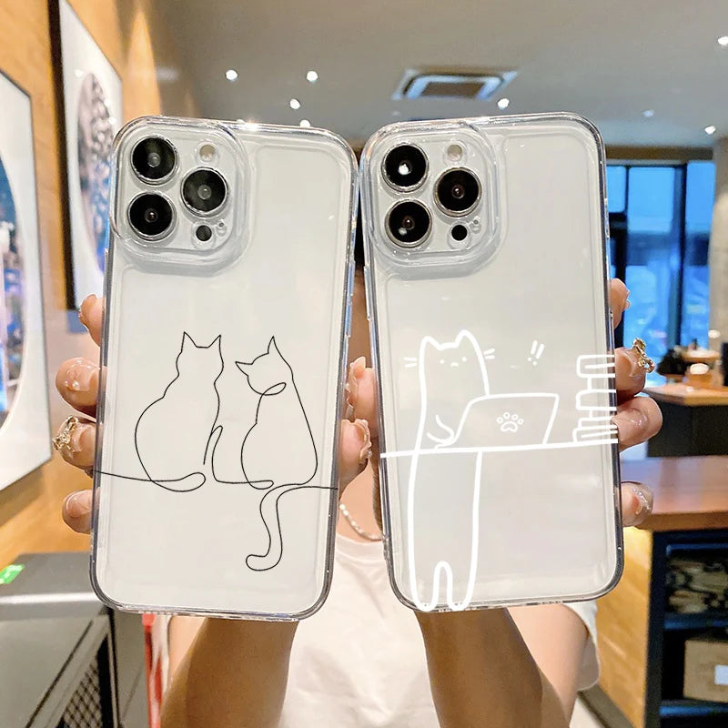 Luxury Shockproof Soft TPU Clear Phone Case For iPhone 17 11 12 13 14 15 16 Pro Max 16 Plus 16E 17 Air With Cute Line Cat Cover