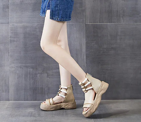 Koznoy 8cm Natural Genuine Leather Sandals Boots Flats Platform Wedge Summer Women Hollow Pumps Peep Toe Booties Mary Jane Shoes