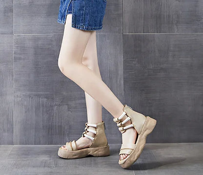 Koznoy 8cm Natural Genuine Leather Sandals Boots Flats Platform Wedge Summer Women Hollow Pumps Peep Toe Booties Mary Jane Shoes