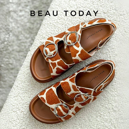 BEAUTODAY Casual Sandals Women Horseskin Animal Prints Double Buckles Straps Thick Sole Outdoor ladies Shoes Handmade 34616