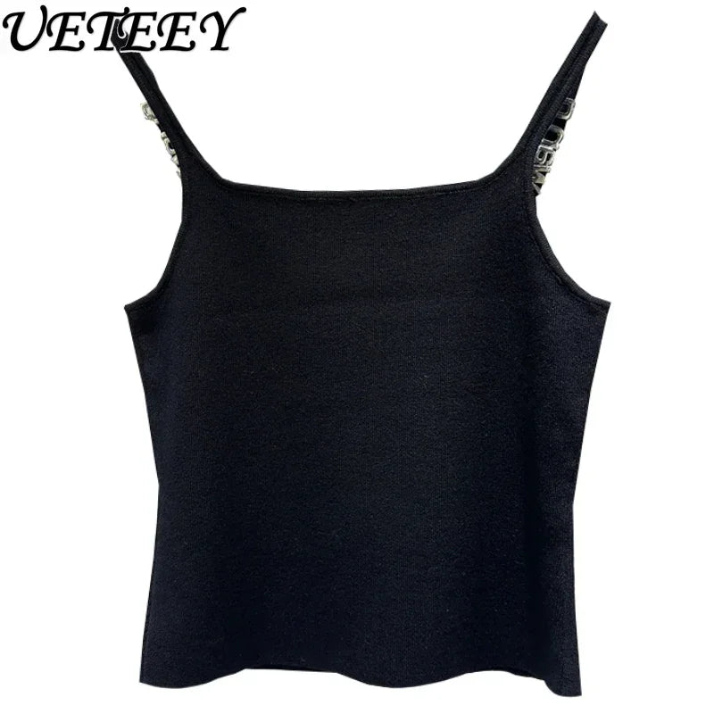 Design Sense Niche Black Beaded Letter-Printing Sleeveless Camisole Women's Summer Crop Tops Hot Girl Outer Wear Short Base Vest