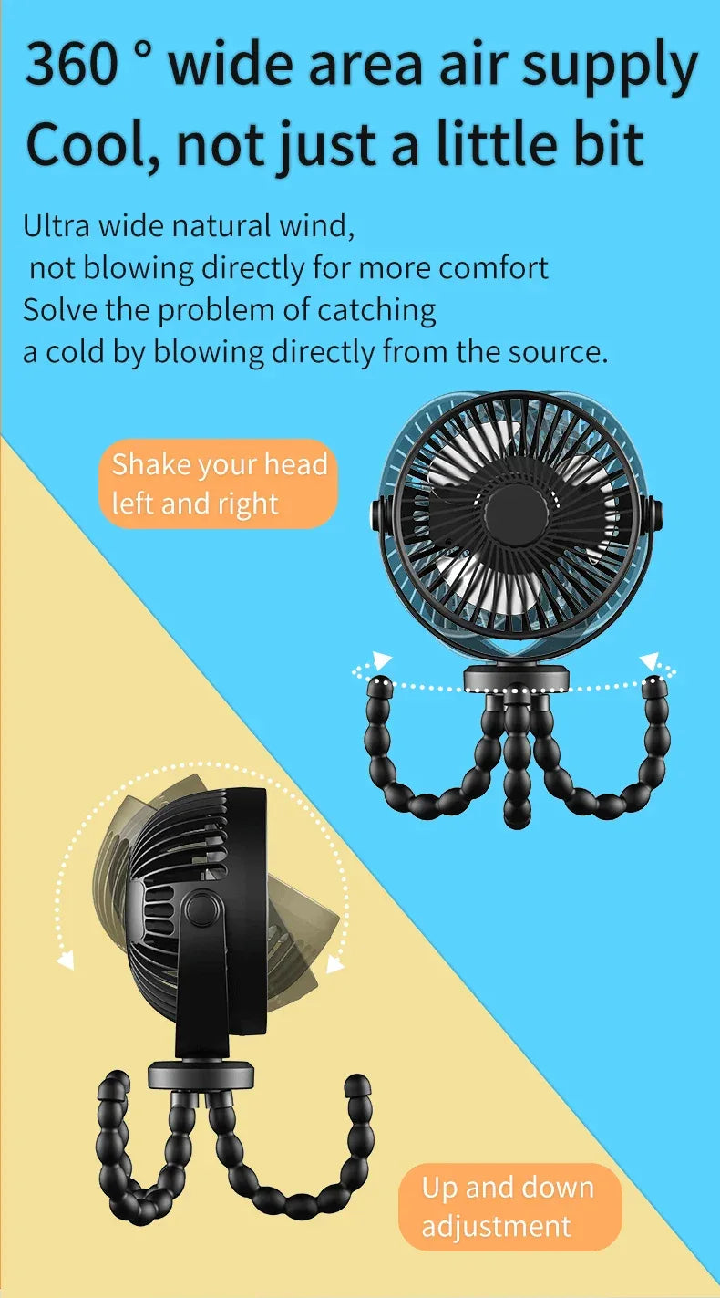Mini Portable Stroller Fan,3 Speed Rechargeable,360° Rotate Flexible Tripod Better Cooling for Car Seat Crib Treadmill 5000mAh