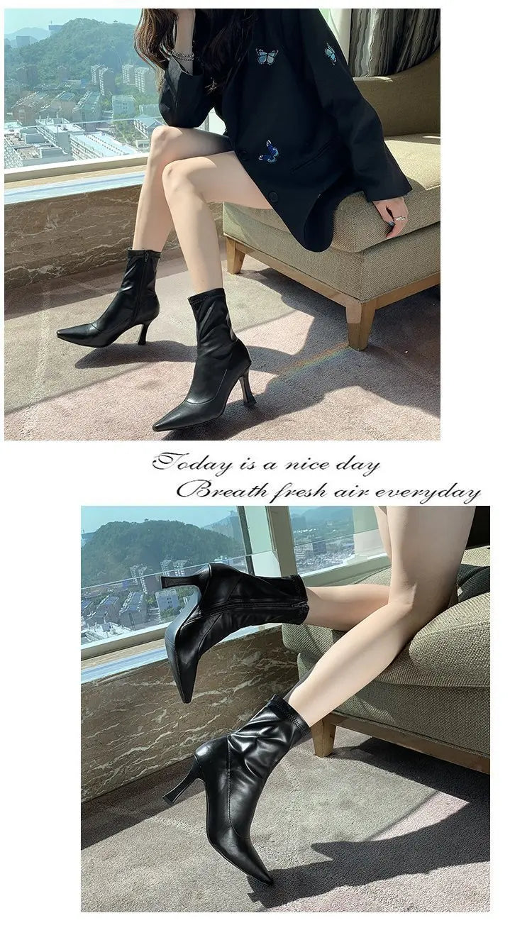 Women High Heel Short Leather Boots  New Boots Female Pointed Thin Heel Boots Ladies Ankle Short Boots Botas De Mujer 2024