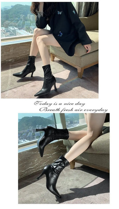 Women High Heel Short Leather Boots  New Boots Female Pointed Thin Heel Boots Ladies Ankle Short Boots Botas De Mujer 2024