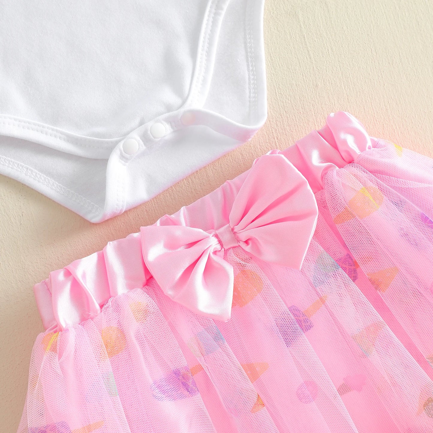 3Pcs Infant Girl Outfit Crew Neck Flying Sleeve Summer Themed Ice Cream Print Romper Tulle Skirt Headband Set