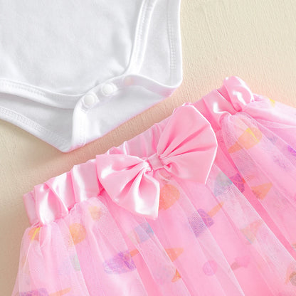 3Pcs Infant Girl Outfit Crew Neck Flying Sleeve Summer Themed Ice Cream Print Romper Tulle Skirt Headband Set