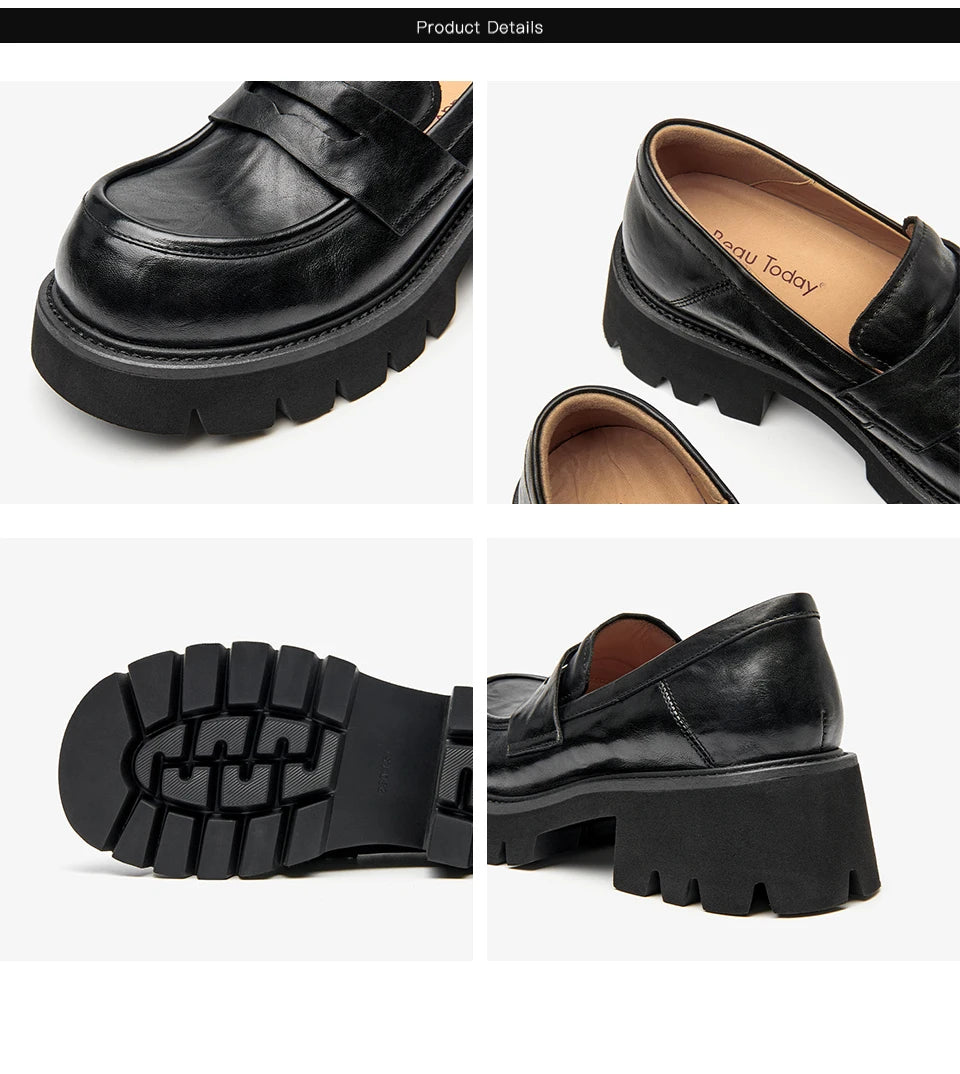 BEAUTODAY Platform Loafers Women Embossing Cow Leather Dress Shoes  Ladies Slip-on Flats Spring Autumn Handmade 26635