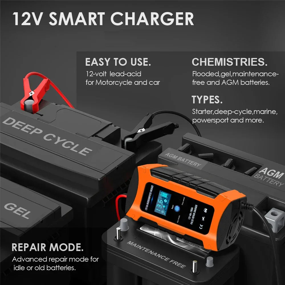 Pulse Repair Car Battery Charger 12V Output Current 10A Max Digital Display Summer Winter Mode Lead-Acid Battery Charger