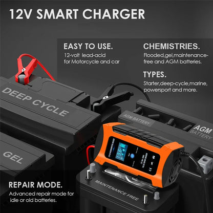 Pulse Repair Car Battery Charger 12V Output Current 10A Max Digital Display Summer Winter Mode Lead-Acid Battery Charger