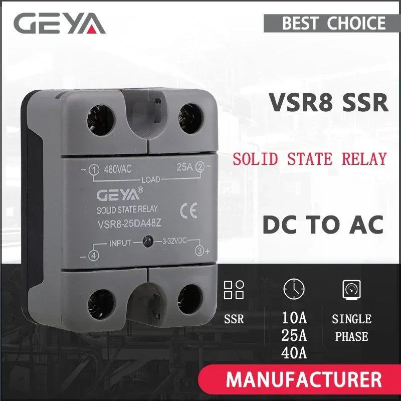GEYA Single Phase Solid State Relay SSR 10DA 25DA 40DA Relay DC to AC 3-32V Input DC & 24-480VAC Output  VSR8