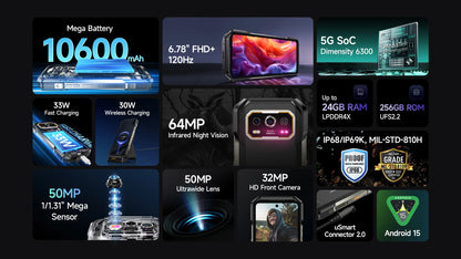 Ulefone Armor 27 Pro 5G Rugged Phone 10600mAh Smartphone 50MP Camera 64MP Night Android 15 Up to 24GB+256GB NFC Waterproof Phone