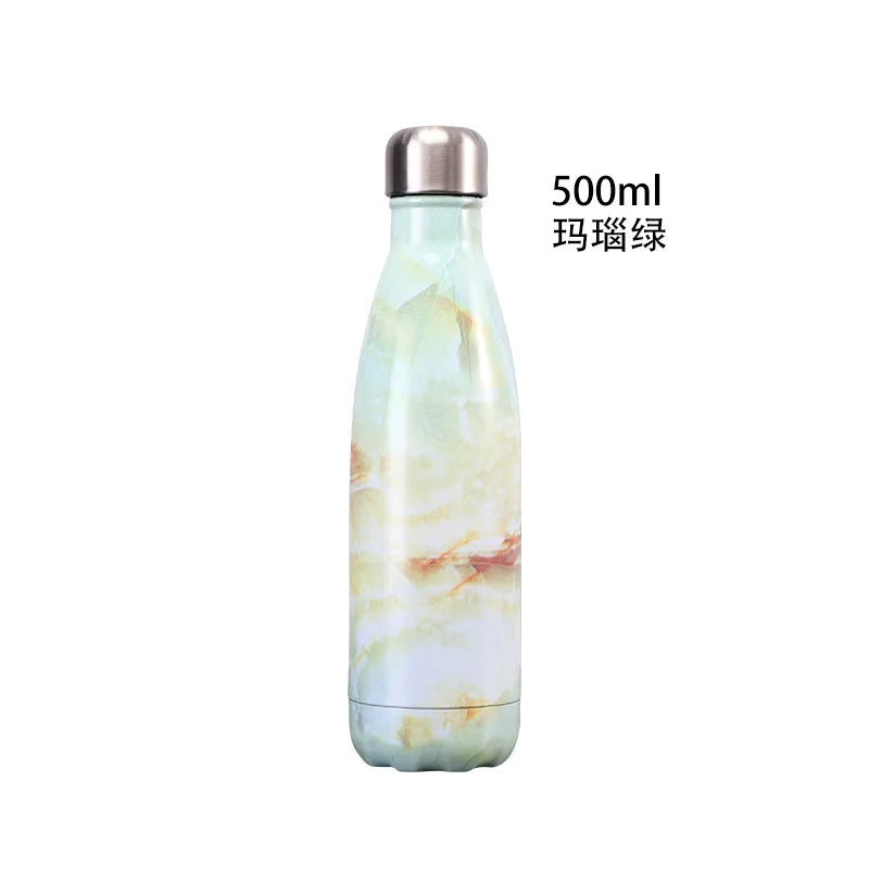 500ml Cola Shape Insulated Bottle, 304 Stainless Steel Vacuum Flask, Marble/Print Portable Water Bottle
