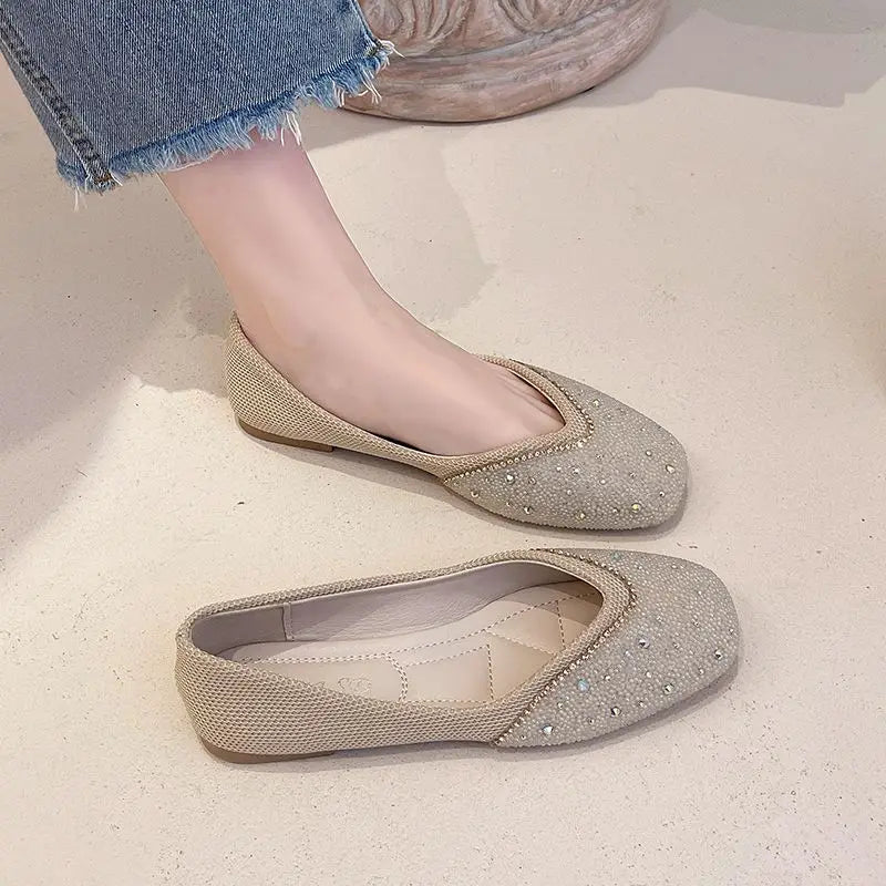 Shoes for Woman 2025 Diamond Flats Women's Summer Footwear Flat Square Toe Pink with Crystals Rhinestone Office 39 Beau Today E