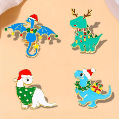 4pcs Cute Cartoon Dinosaur Enamel Brooch Creative Christmas Day Holiday Gift Lapel Pin Badge Backpack Clothing Hat Accessories