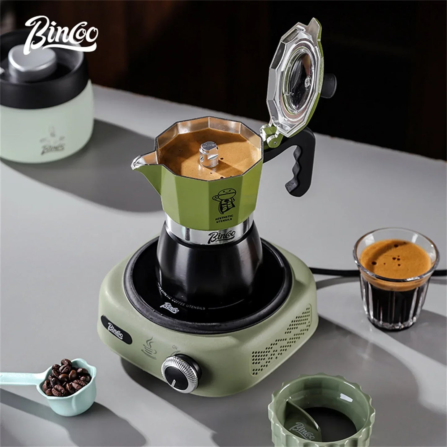 Bincoo Double valve Moka Pot Set Electric Stove Coffee Pot Household Italian Espresso Machine Mocha Pot Barista Accessories 220V