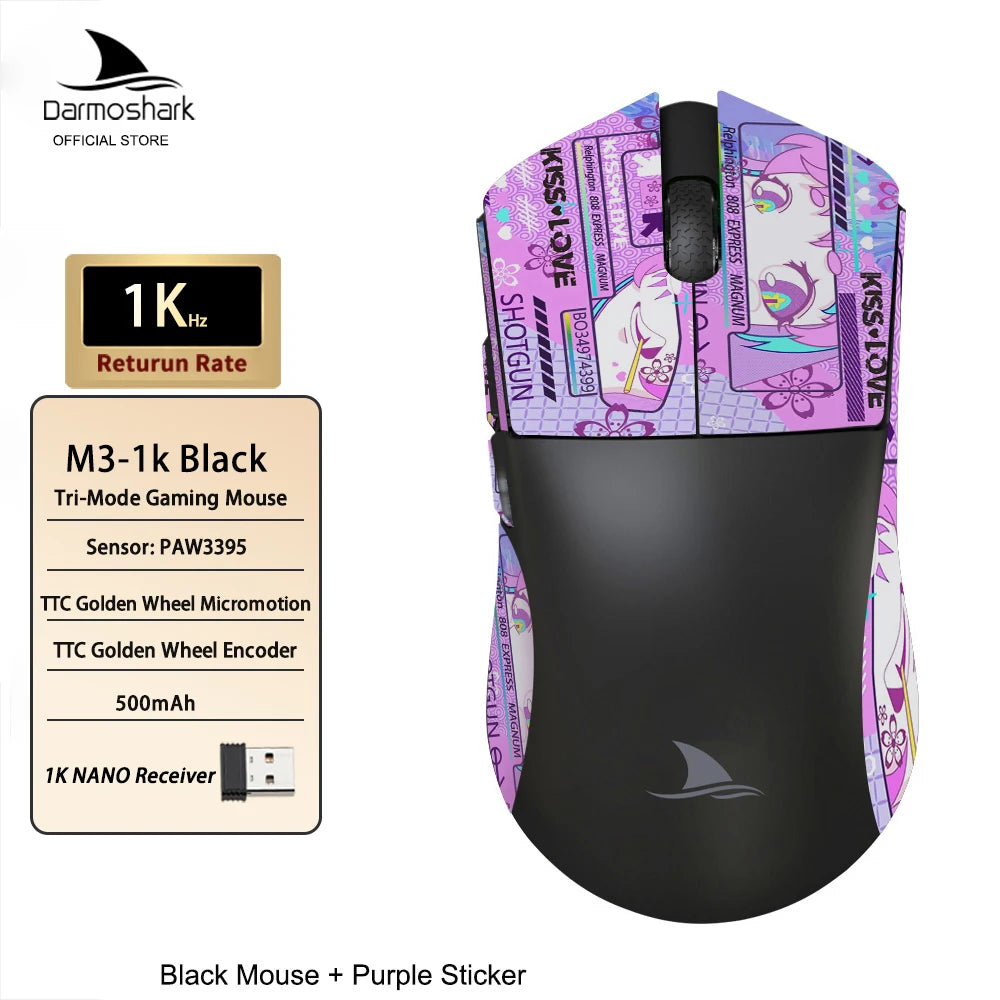 Darmoshark M3 Gaming Mouse Dual Mode 8K Wireless Tri-Mode PAW3395 Big Hand Macro Game Mouse 26000 DPI Lightweight Mice