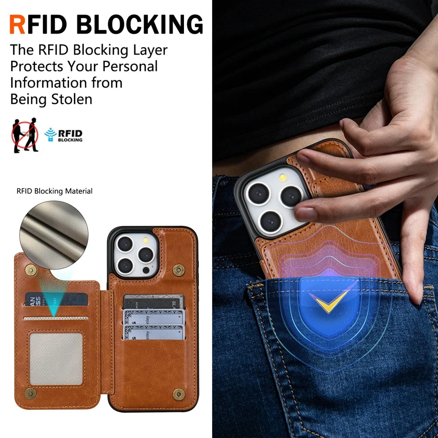 Wallet RFID Blocking Layer Protect Anti-Theft Magnetic Leather Case For iPhone Air 17 Pro Max 16e 15 Plus 14 13 12 11 Card Bag