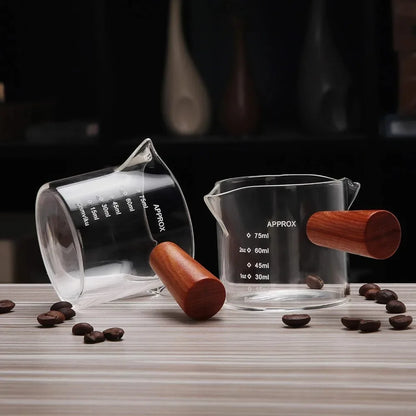 Clear Glass 75ML  Espresso Shot Glasses with Wooden Handle Measuring Cup Coffee Cup High Borosilicate Glass Pitcher Barista