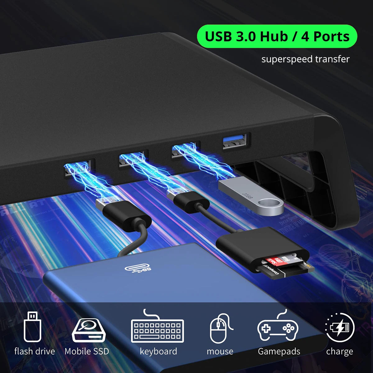 Computer Monitor Stand with 4 USB 3.0 Ports Durable Metal Monitor Support PC Keyboard Organizer Laptop Desktop Black Desk Stand