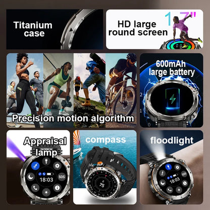 2026 New Outdoor Sports Smartwatch Men Compass 600mAh LED Flashlight Bluetooth Call 3ATM Waterproof Smartwatch For Android iOS