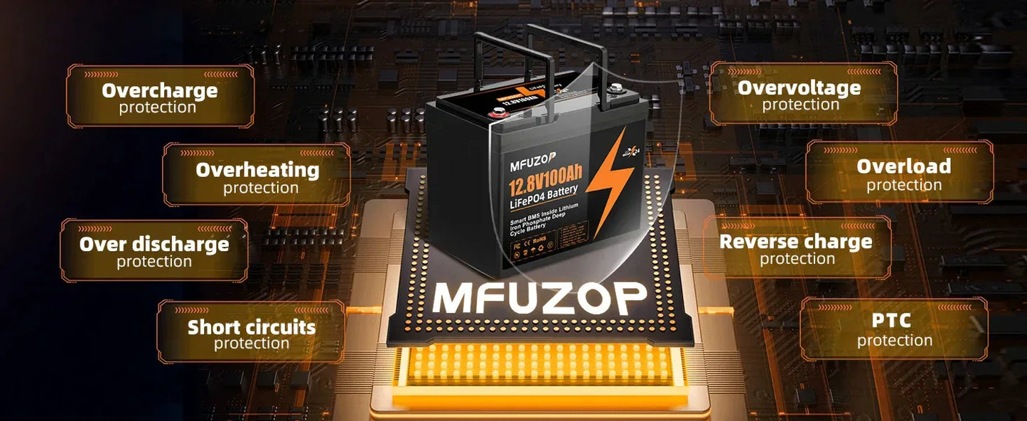 MFUZOP 12V100ah Portable Rechargeable LiFePO4 Battery Built in Smart BMS Deep Cycle 10000+ for RV Solar No VAT