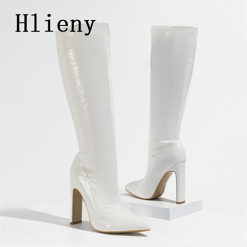 Hlieny Autumn Winter Fashion Women Knee High Motorcycle Boots Sexy Pointed Toe Square Heels Long Zipper Female Botas Shoes