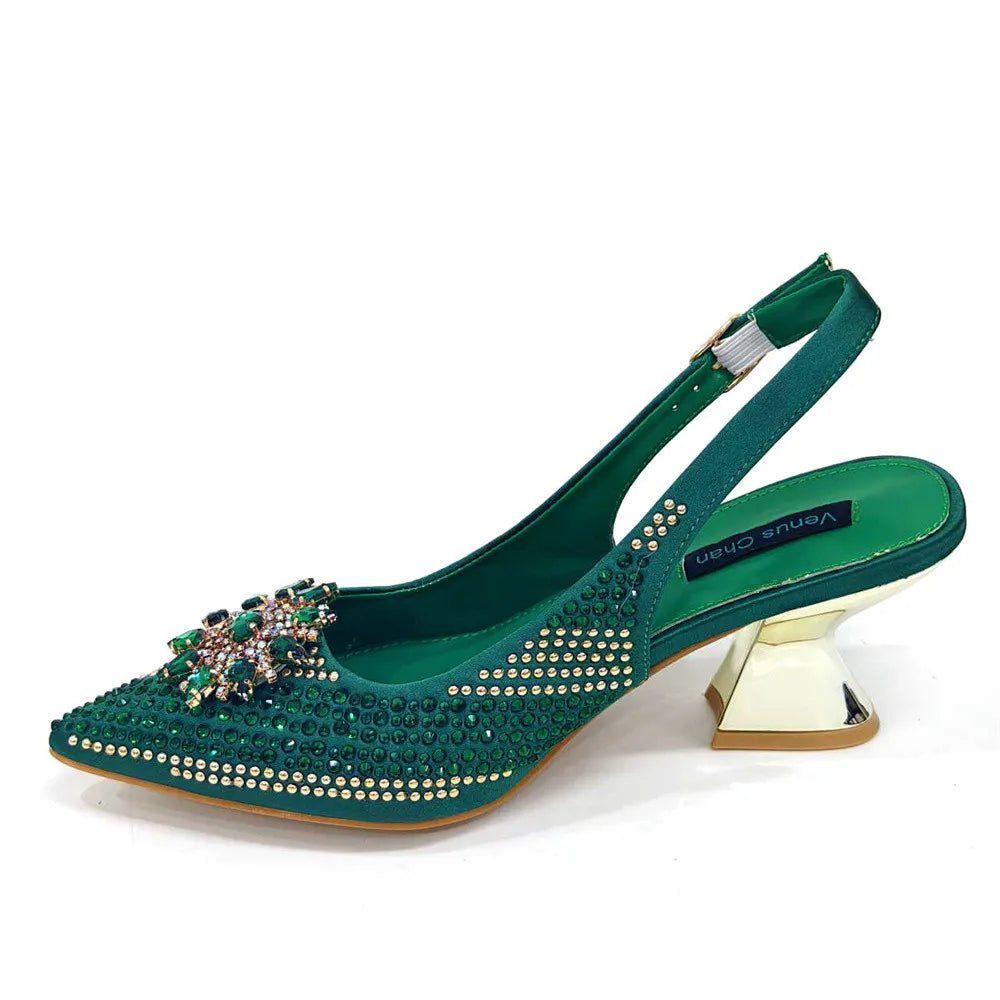 Venus Chan 2024 Summer New Design Specials Italian Women Shoes and Bag Set Fuchsia Color Comfortable High Heels With Rhinestone
