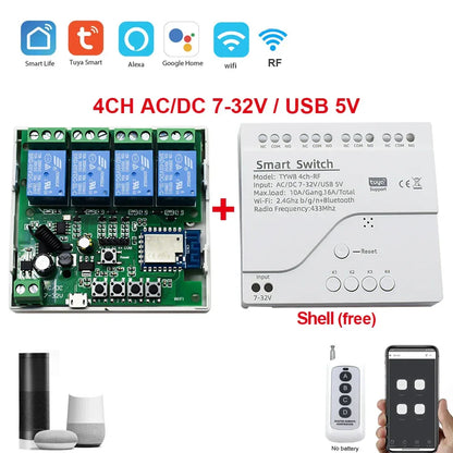 Tuya Smart Home 4CH Relay Module AC/DC 7-32V AC 220V 10A Wifi Switch 4 Channels RF433 Receiver Work With Vioce Alexa Google Home